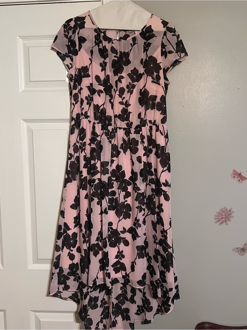 Ladies Pink Floral High-Low Dress with Cap Sleeves